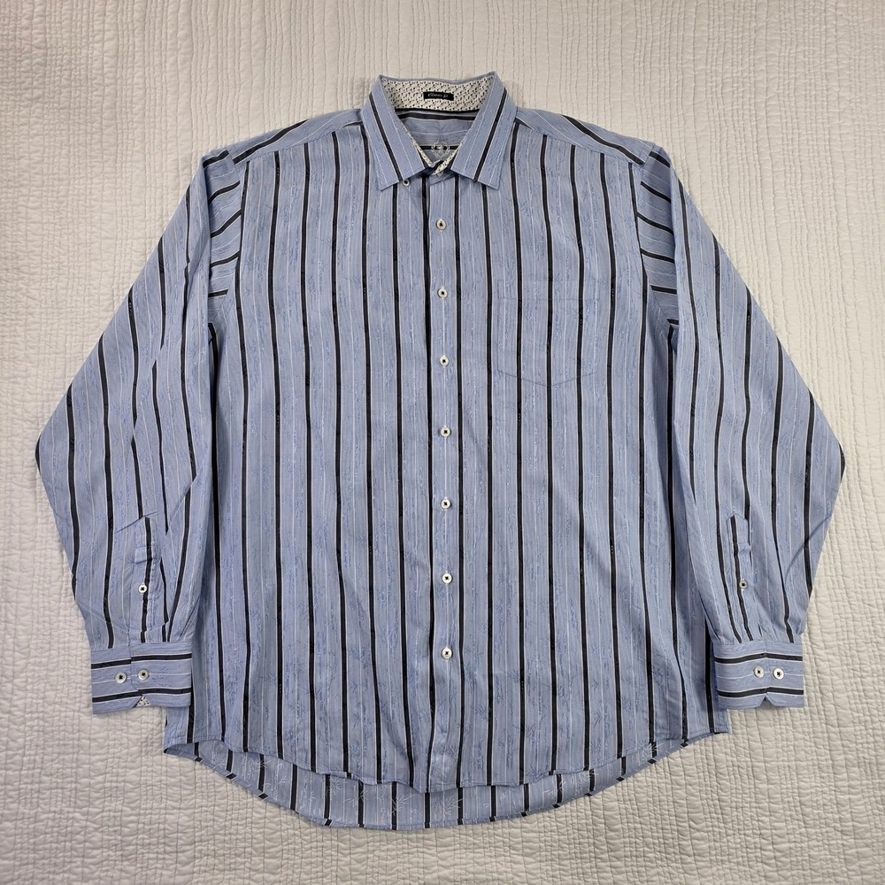 Bugatchi Uomo Button Down Shirt Mens XL Blue Striped EUC Floral Jacquard Cotton
